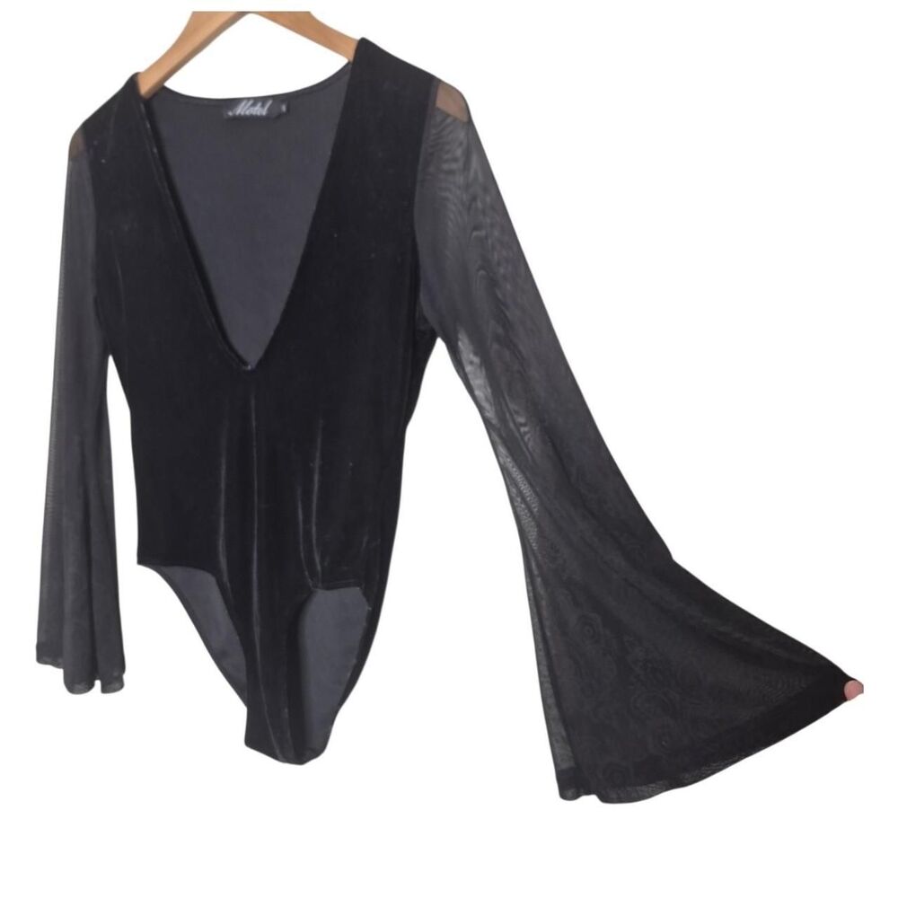 Motel Rocks Black Velvet Bodysuit Sheer Bell Sleeves Size Small